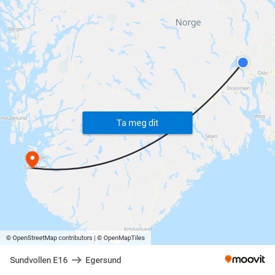 Sundvollen E16 to Egersund map