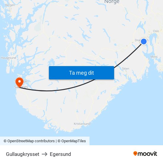 Gullaugkrysset to Egersund map