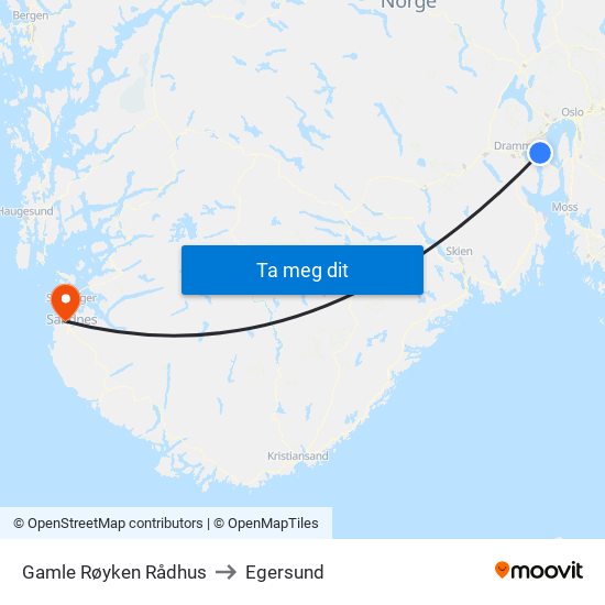 Gamle Røyken Rådhus to Egersund map