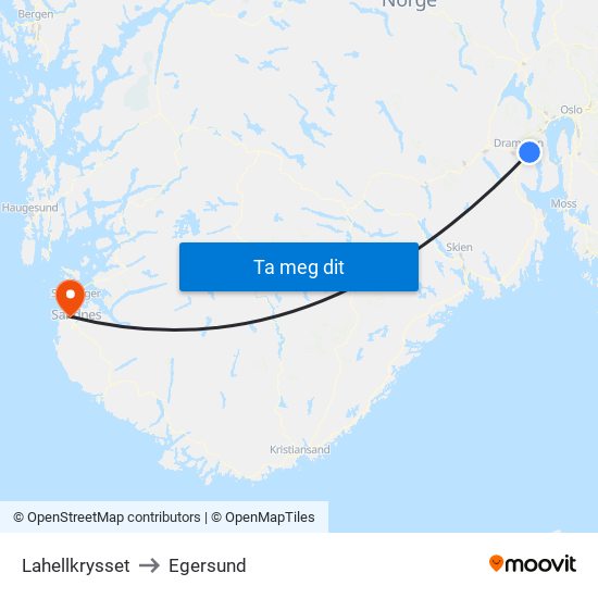 Lahellkrysset to Egersund map