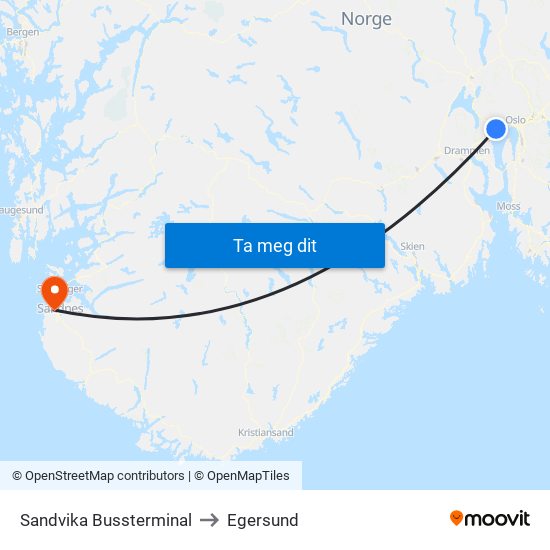 Sandvika Bussterminal to Egersund map