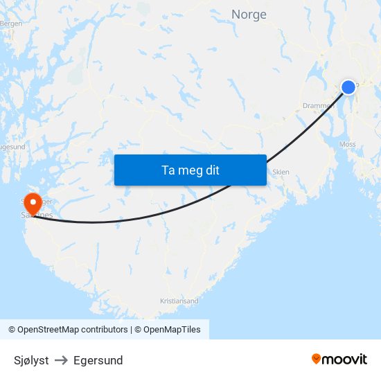 Sjølyst to Egersund map