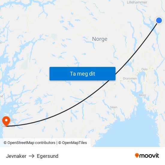 Jevnaker to Egersund map