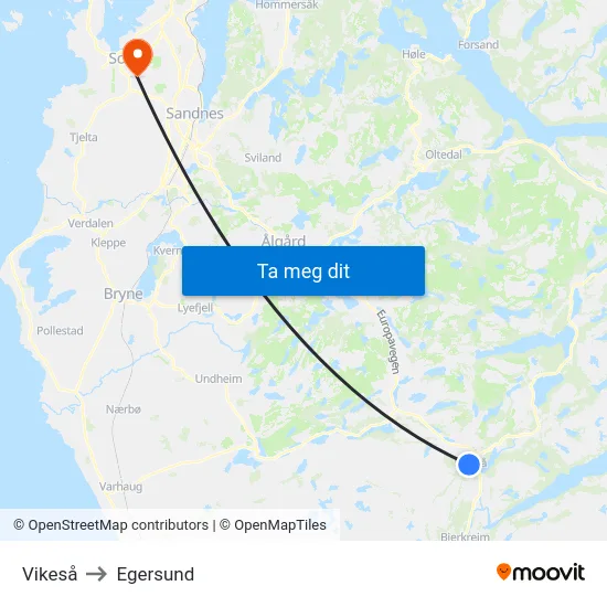 Vikeså to Egersund map