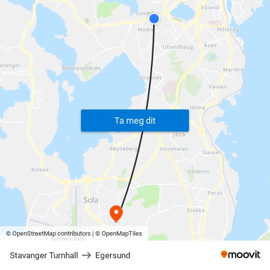 Stavanger Turnhall to Egersund map