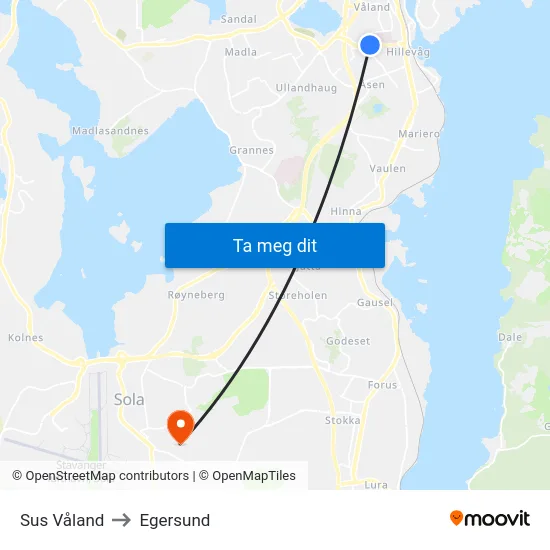 Sus Våland to Egersund map