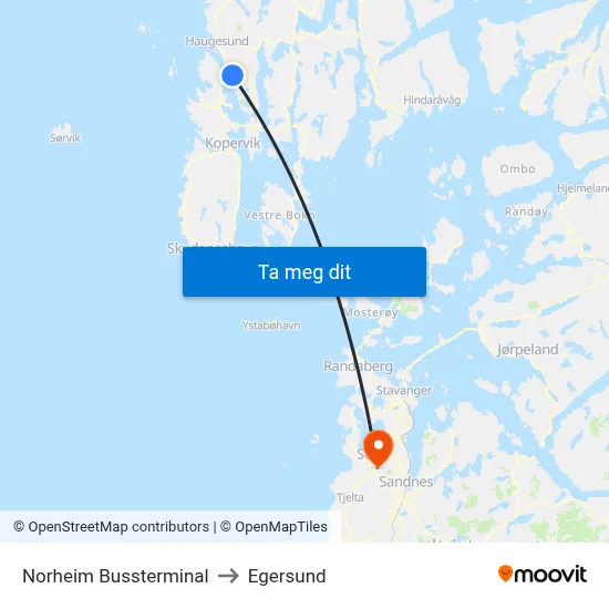 Norheim Bussterminal to Egersund map