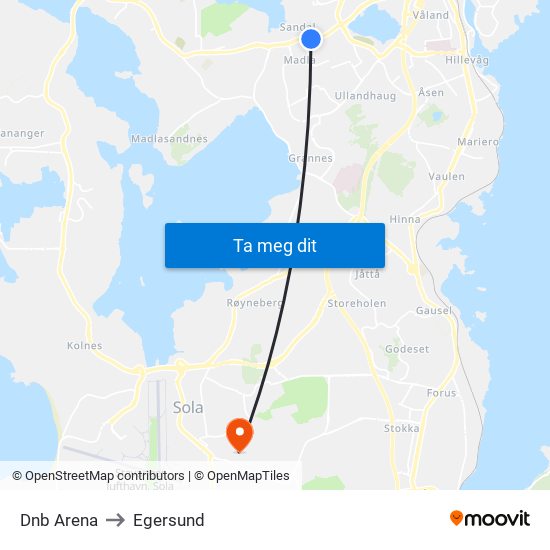 Dnb Arena to Egersund map