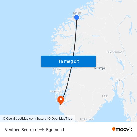 Vestnes Sentrum to Egersund map