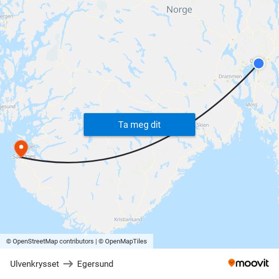 Ulvenkrysset to Egersund map