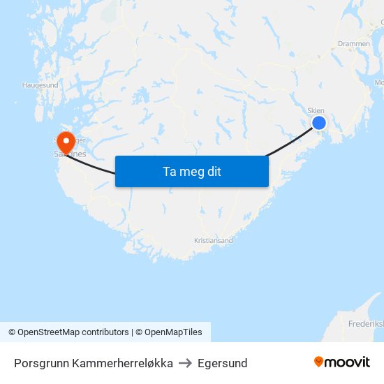 Porsgrunn Kammerherreløkka to Egersund map