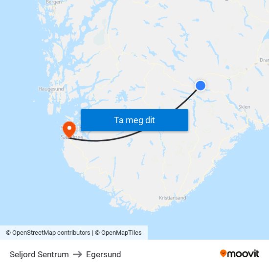 Seljord Sentrum to Egersund map