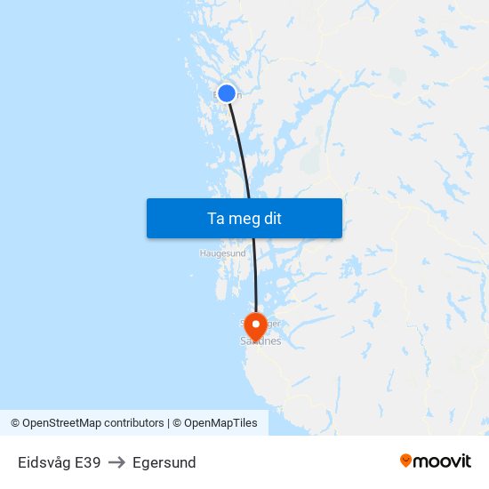 Eidsvåg E39 to Egersund map