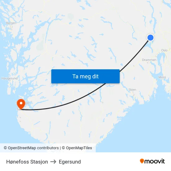 Hønefoss Stasjon to Egersund map