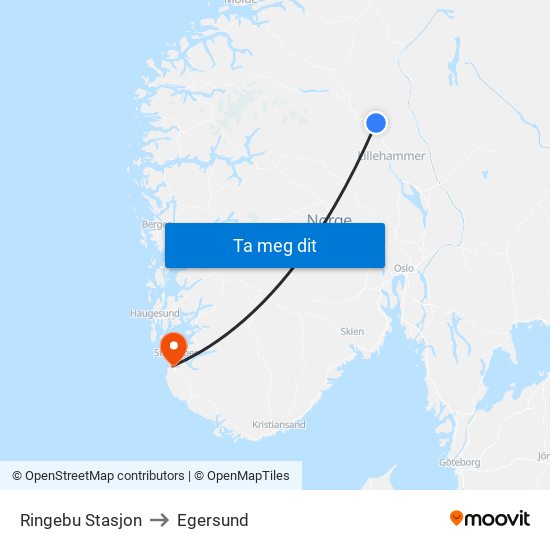 Ringebu Stasjon to Egersund map