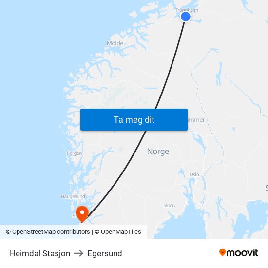 Heimdal Stasjon to Egersund map