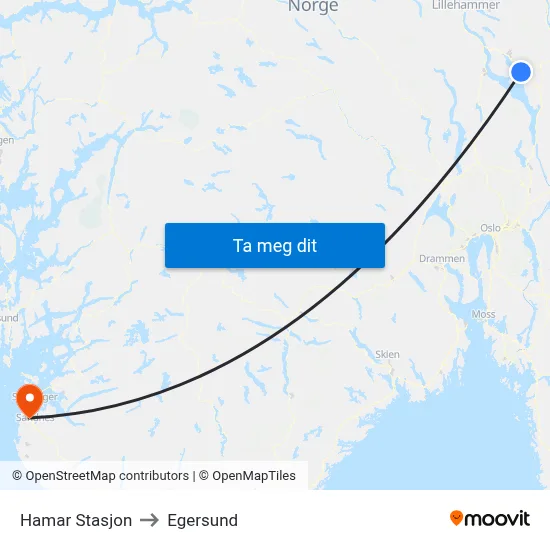 Hamar Stasjon to Egersund map