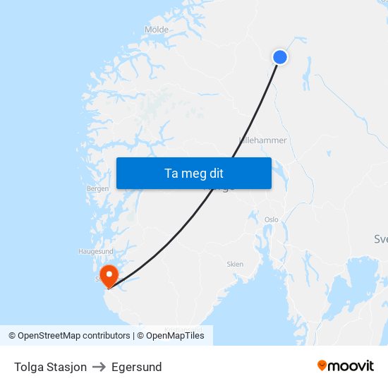 Tolga Stasjon to Egersund map