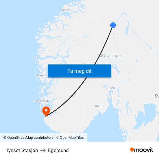 Tynset Stasjon to Egersund map