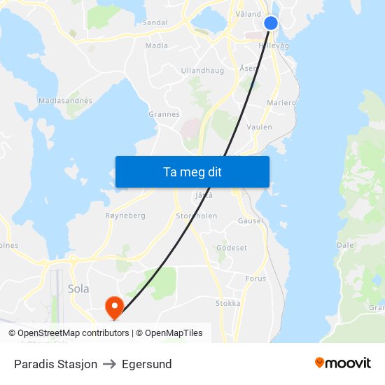 Paradis Stasjon to Egersund map