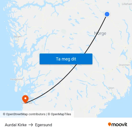 Aurdal Kirke to Egersund map