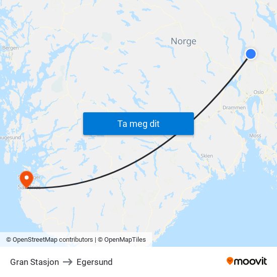 Gran Stasjon to Egersund map