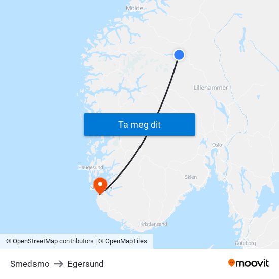 Smedsmo to Egersund map