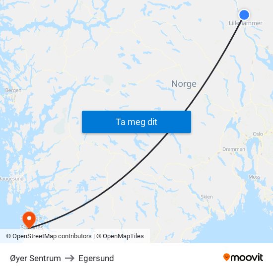 Øyer Sentrum to Egersund map