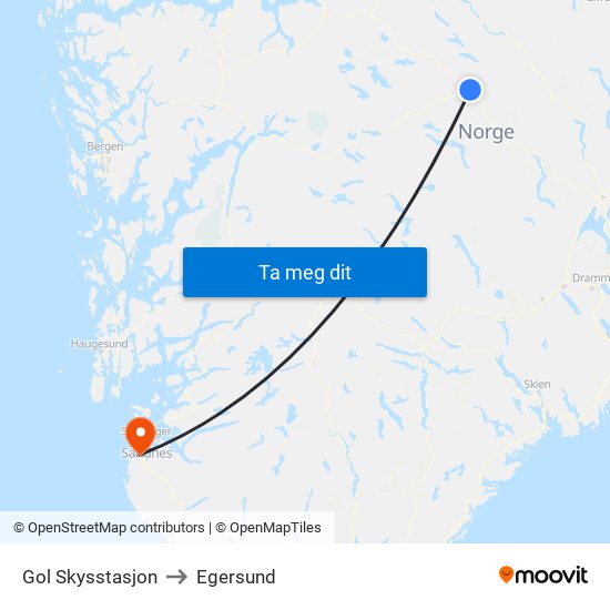 Gol Skysstasjon to Egersund map
