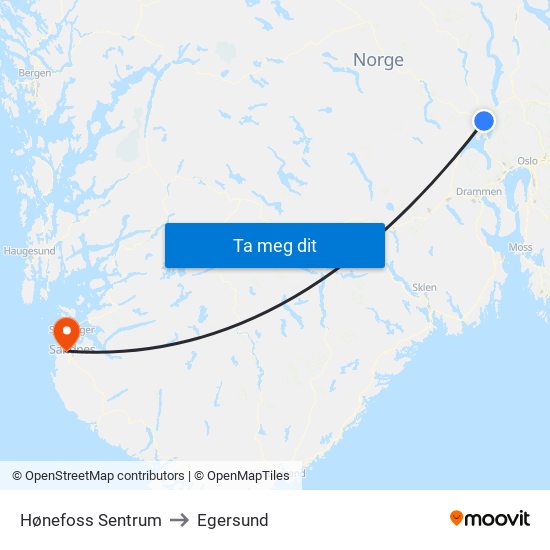 Hønefoss Sentrum to Egersund map