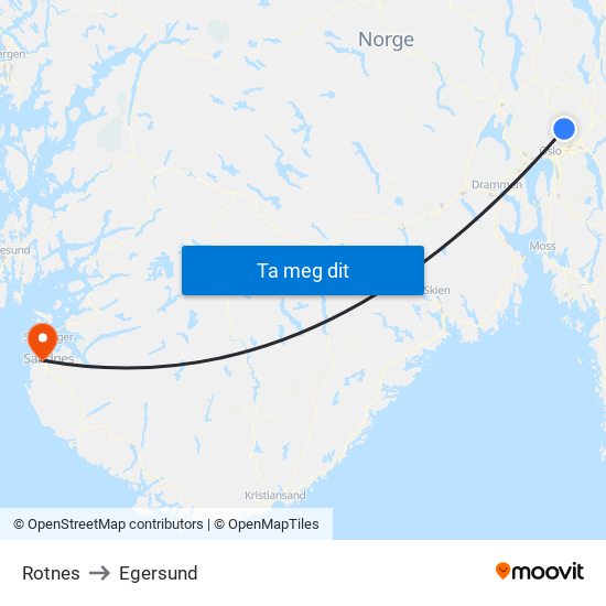 Rotnes to Egersund map