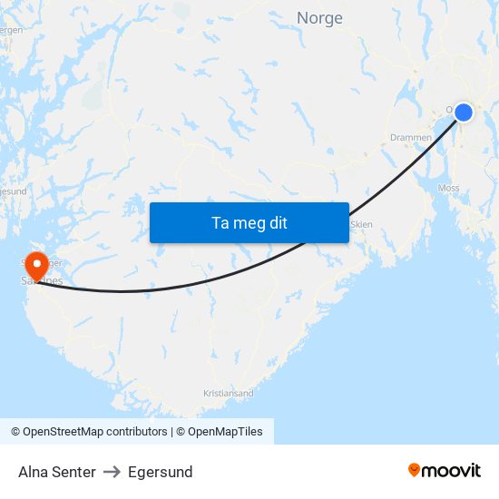 Alna Senter to Egersund map