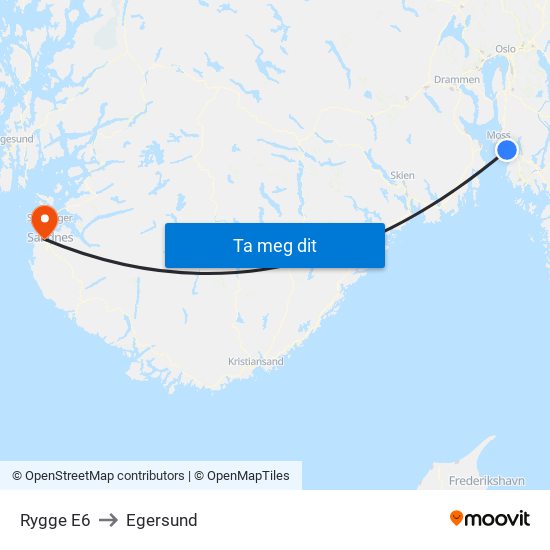 Rygge E6 to Egersund map