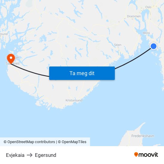 Evjekaia to Egersund map
