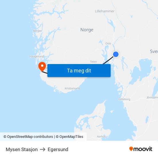 Mysen Stasjon to Egersund map