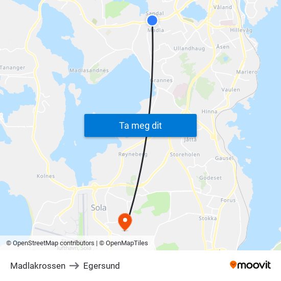 Madlakrossen to Egersund map