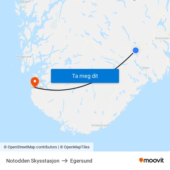 Notodden Skysstasjon to Egersund map