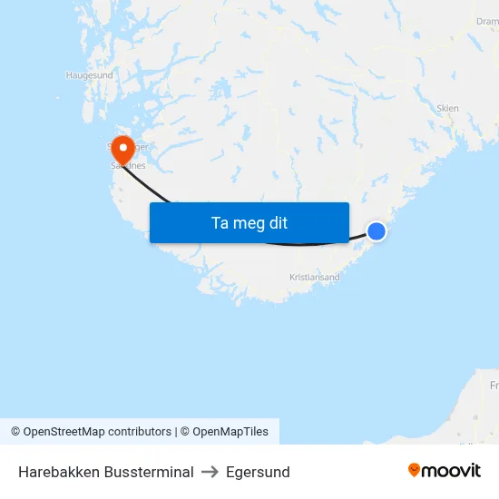 Harebakken Bussterminal to Egersund map