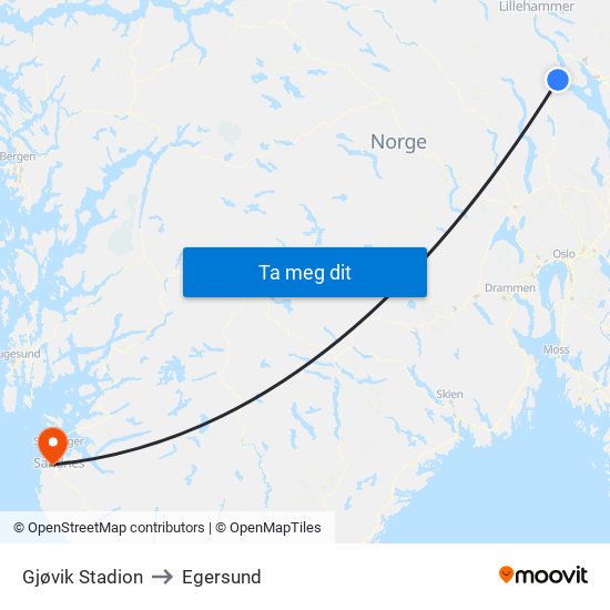 Gjøvik Stadion to Egersund map