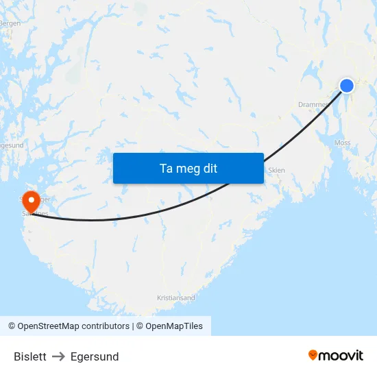 Bislett to Egersund map