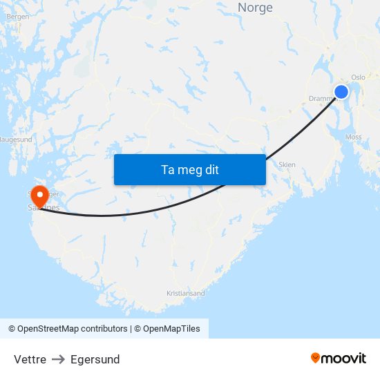 Vettre to Egersund map
