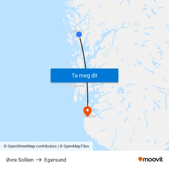 Øvre Sollien to Egersund map