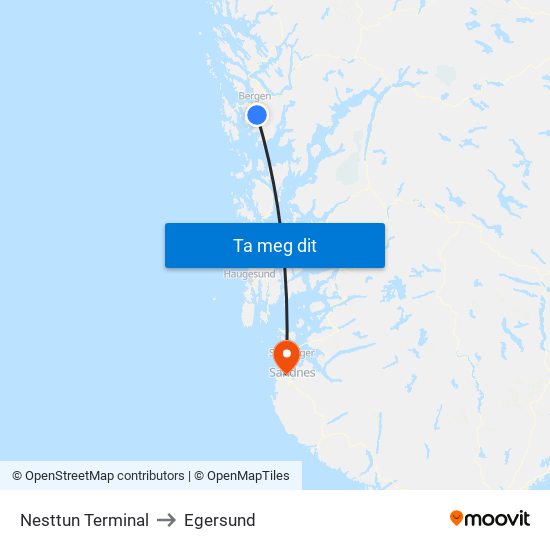 Nesttun Terminal to Egersund map