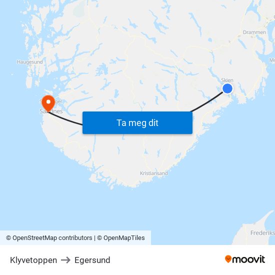 Klyvetoppen to Egersund map
