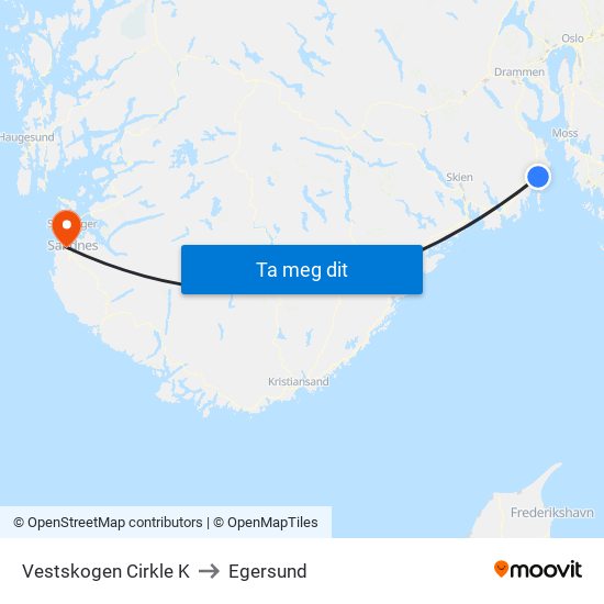 Vestskogen Cirkle K to Egersund map