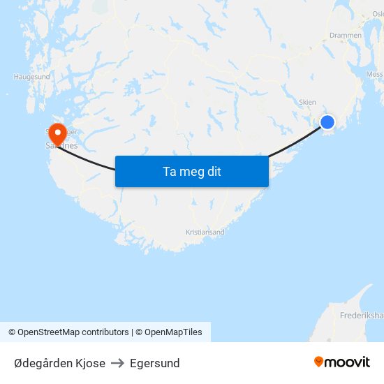 Ødegården Kjose to Egersund map