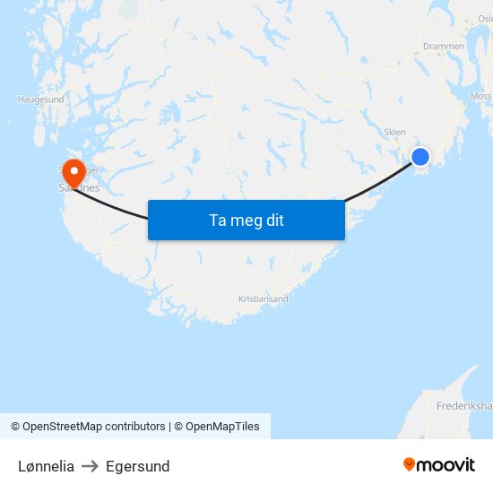 Lønnelia to Egersund map