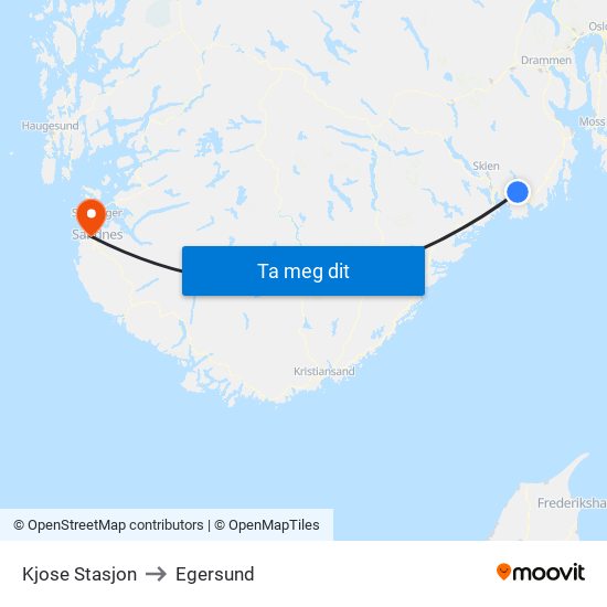 Kjose Stasjon to Egersund map