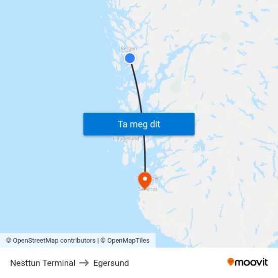 Nesttun Terminal to Egersund map
