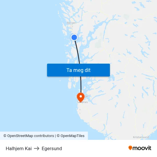 Halhjem Kai to Egersund map